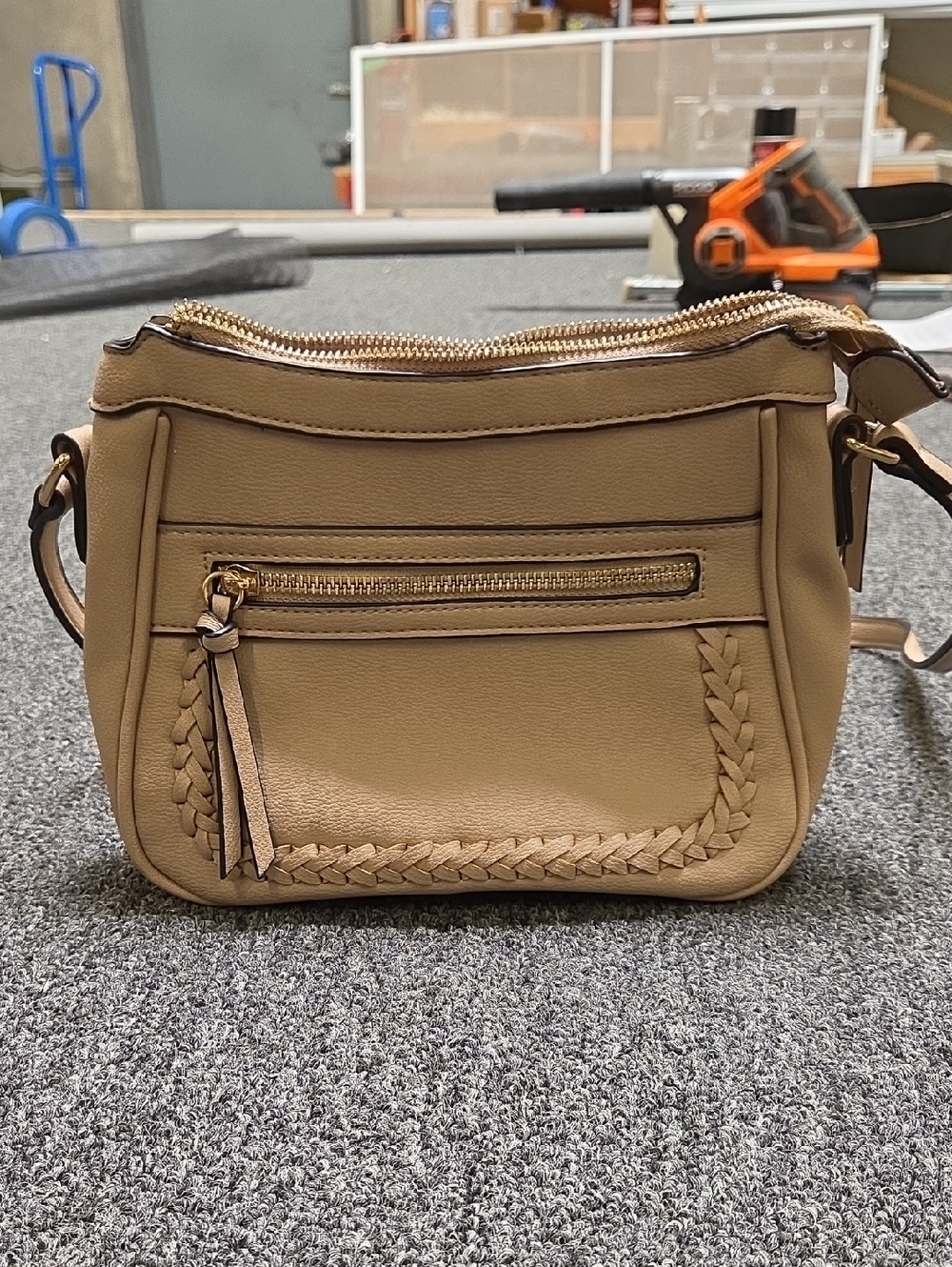 Women's Tan Crossbody Bag with Woven Trim